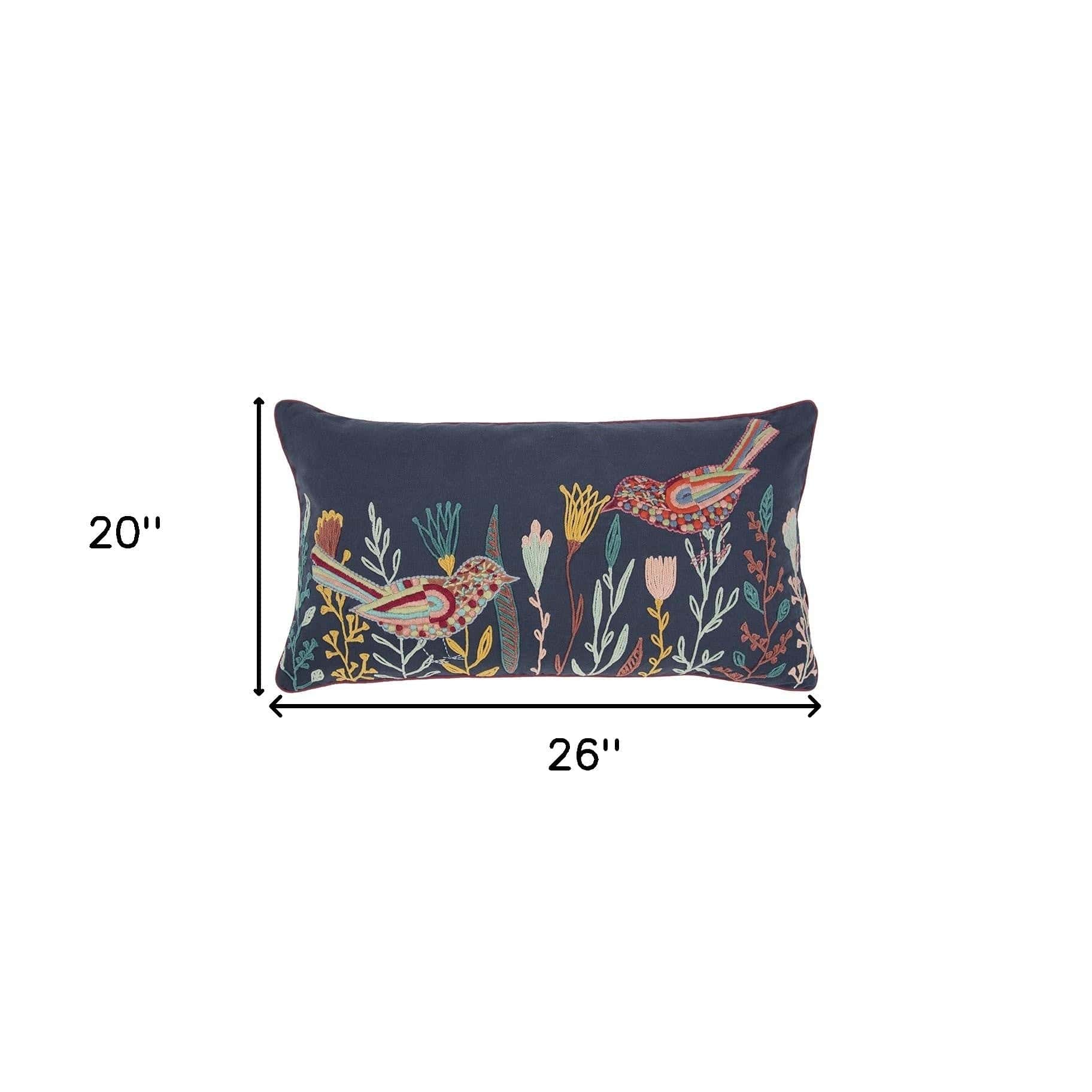 Blue Botanical and Bird Embroidered Lumbar Pillow - Homeroots
