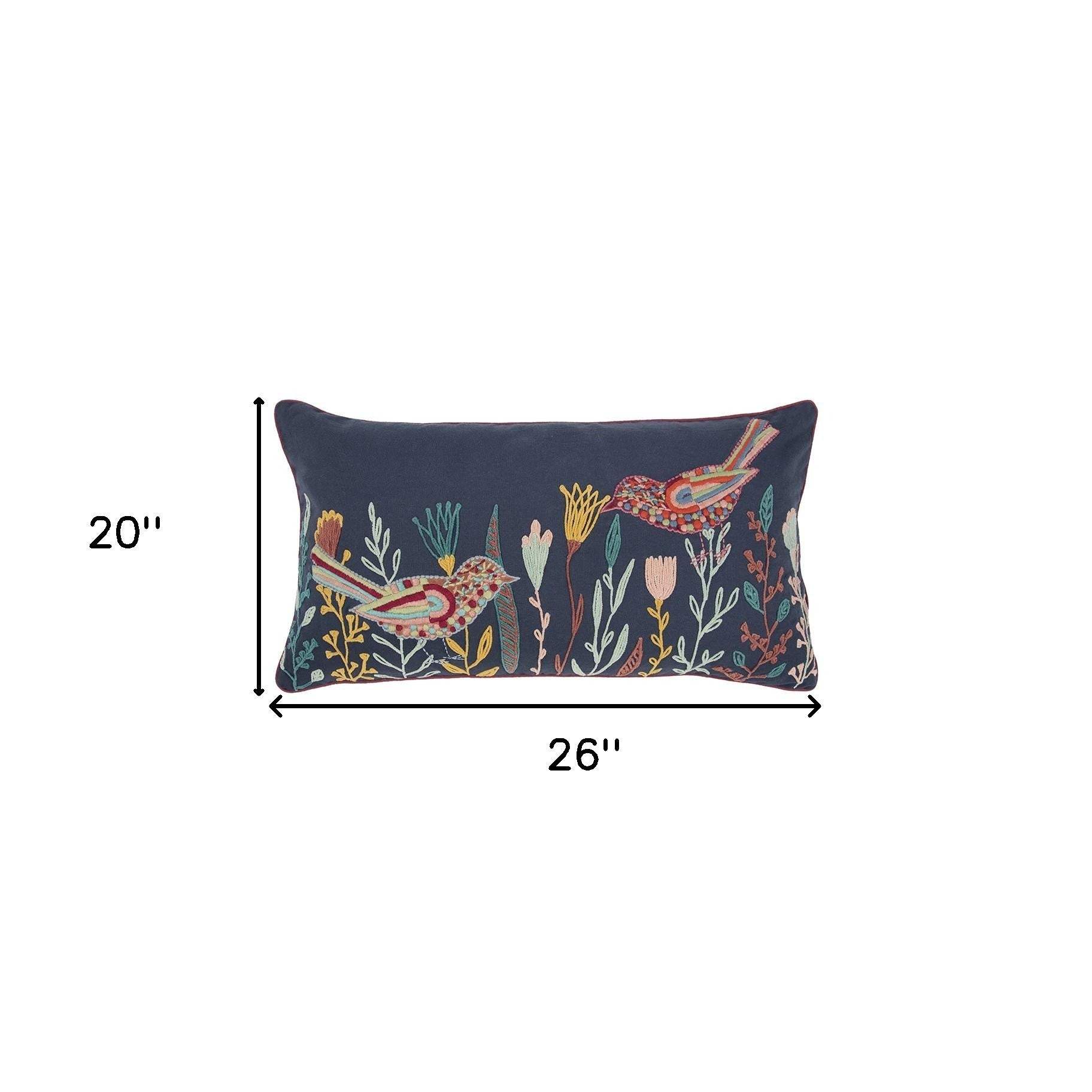 Blue Botanical and Bird Embroidered Lumbar Pillow - Homeroots - Flyclothing LLC