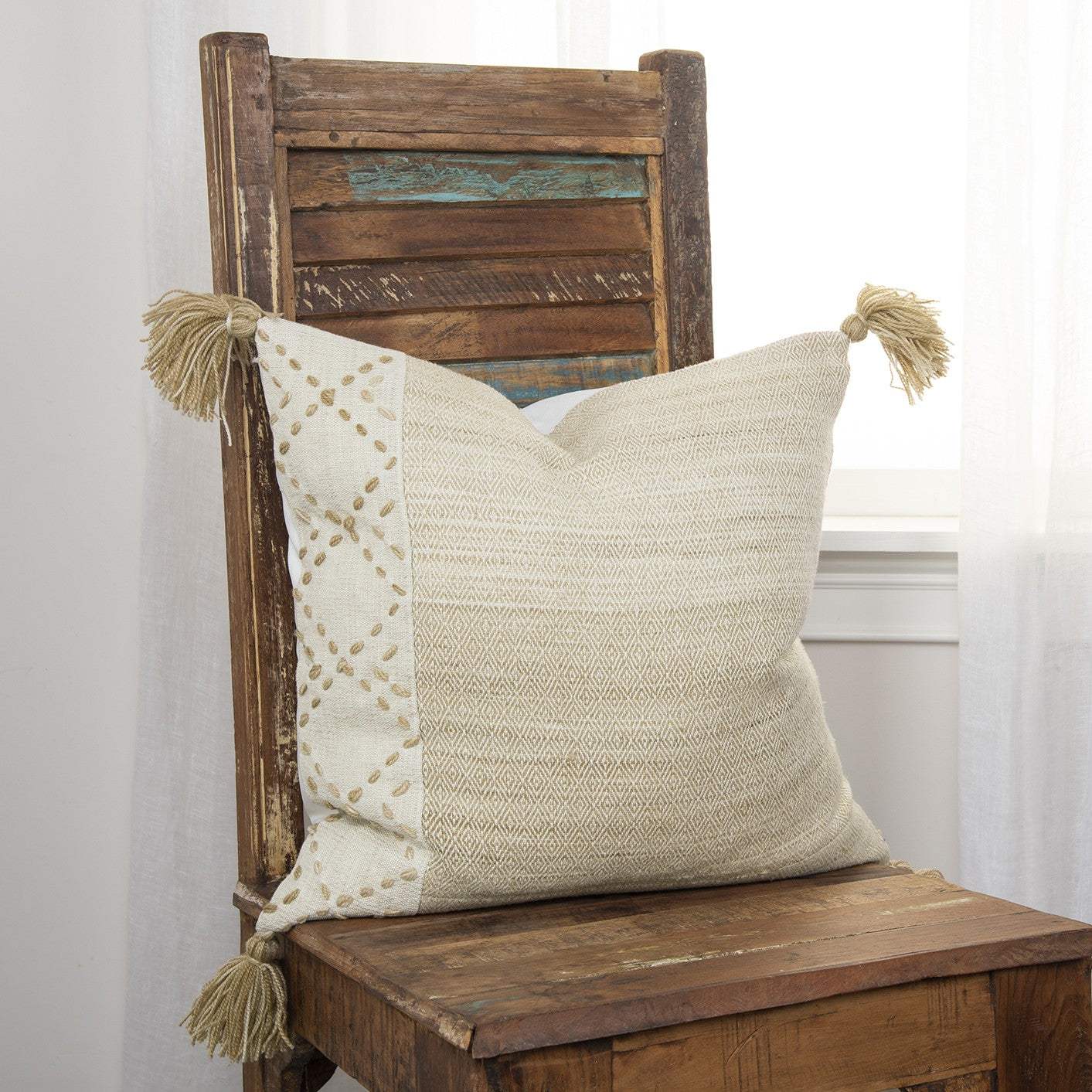 Ivory Blush Accent Stitch Color Block Throw Pillow - Homeroots - Flyclothing LLC