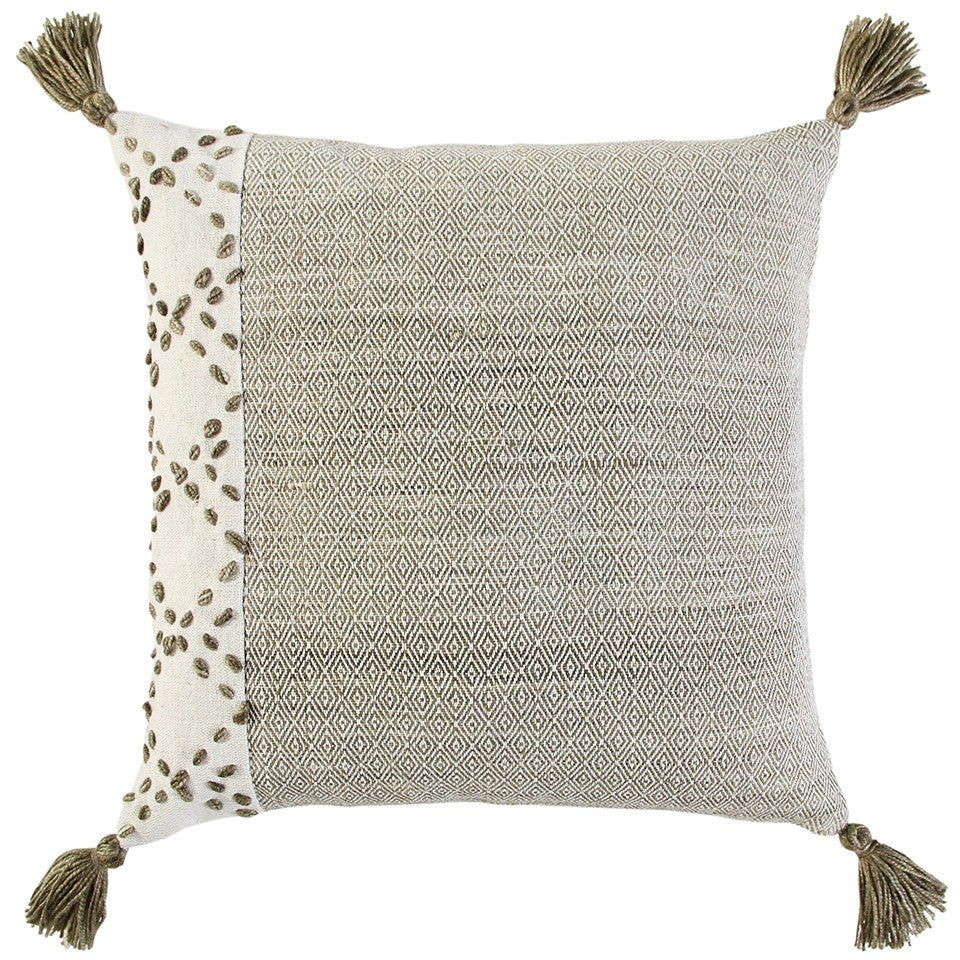20" Taupe and Ivory Herringbone Cotton Throw Pillow With Tassels