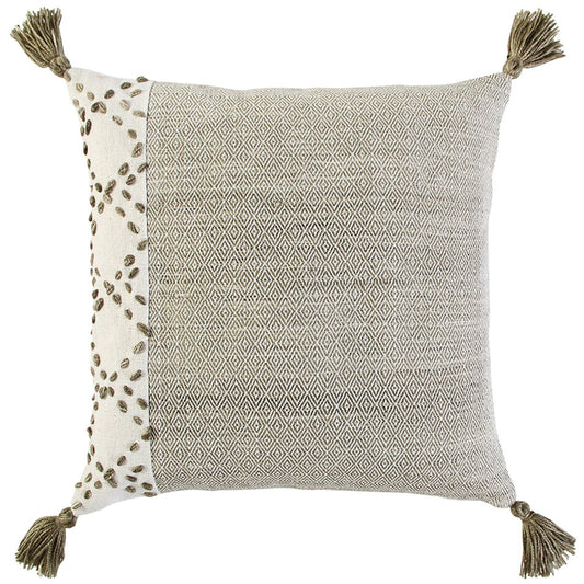 20" Taupe and Ivory Herringbone Cotton Throw Pillow With Tassels