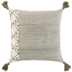 20" Taupe and Ivory Herringbone Cotton Throw Pillow With Tassels