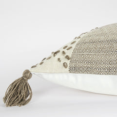 20" Taupe and Ivory Herringbone Cotton Throw Pillow With Tassels