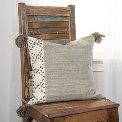 20" Taupe and Ivory Herringbone Cotton Throw Pillow With Tassels - Homeroots