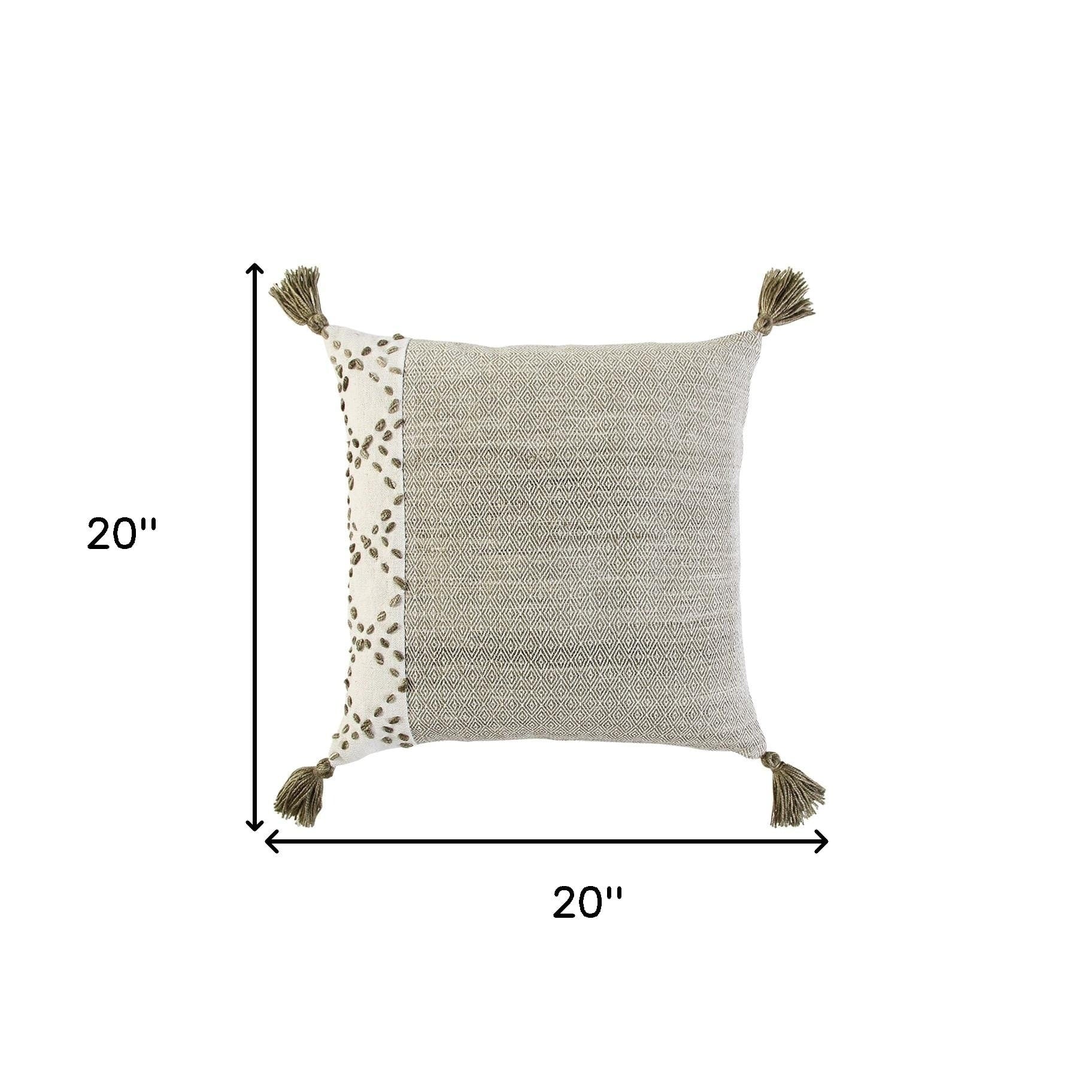 20" Taupe and Ivory Herringbone Cotton Throw Pillow With Tassels - Homeroots