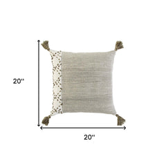 20" Taupe and Ivory Herringbone Cotton Throw Pillow With Tassels - Homeroots