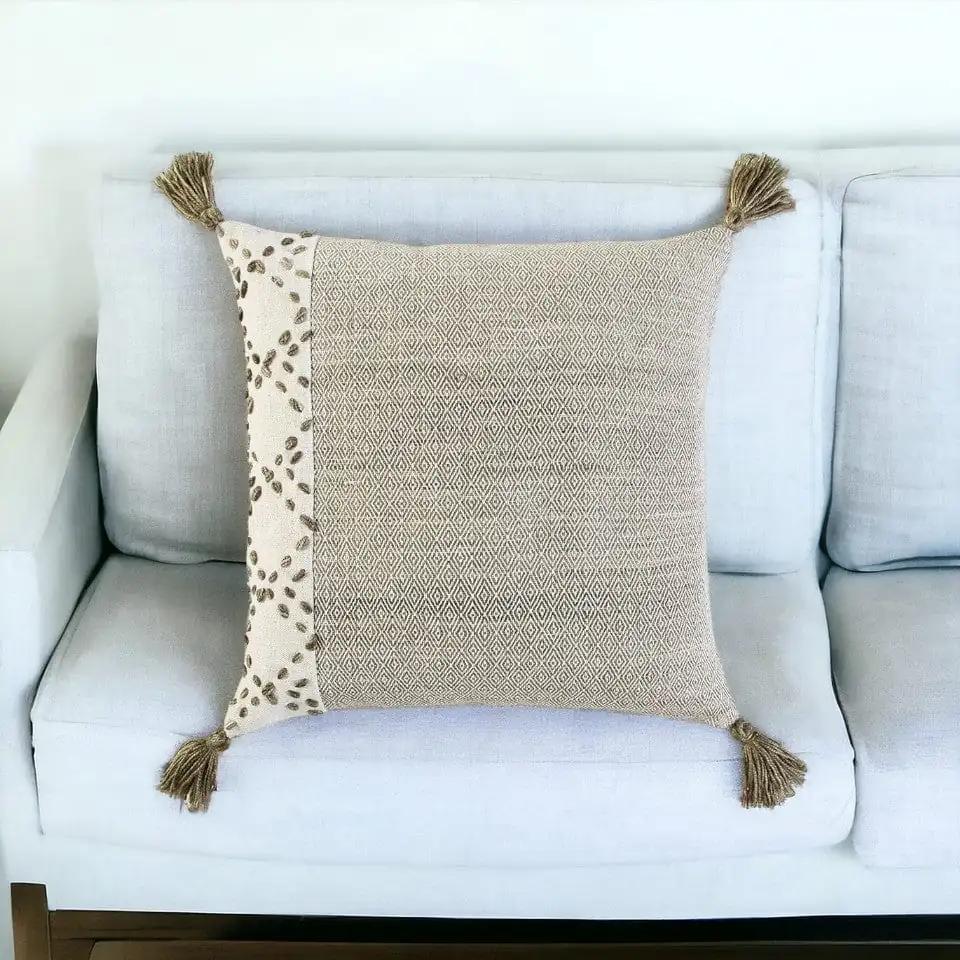 20" Taupe and Ivory Herringbone Cotton Throw Pillow With Tassels - Homeroots - Flyclothing LLC