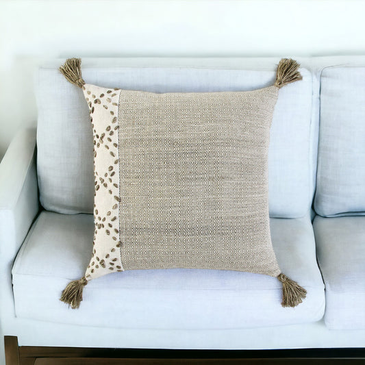 20" Taupe and Ivory Herringbone Cotton Throw Pillow With Tassels