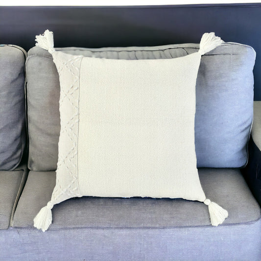 20" Ivory Herringbone Cotton Throw Pillow With Tassles