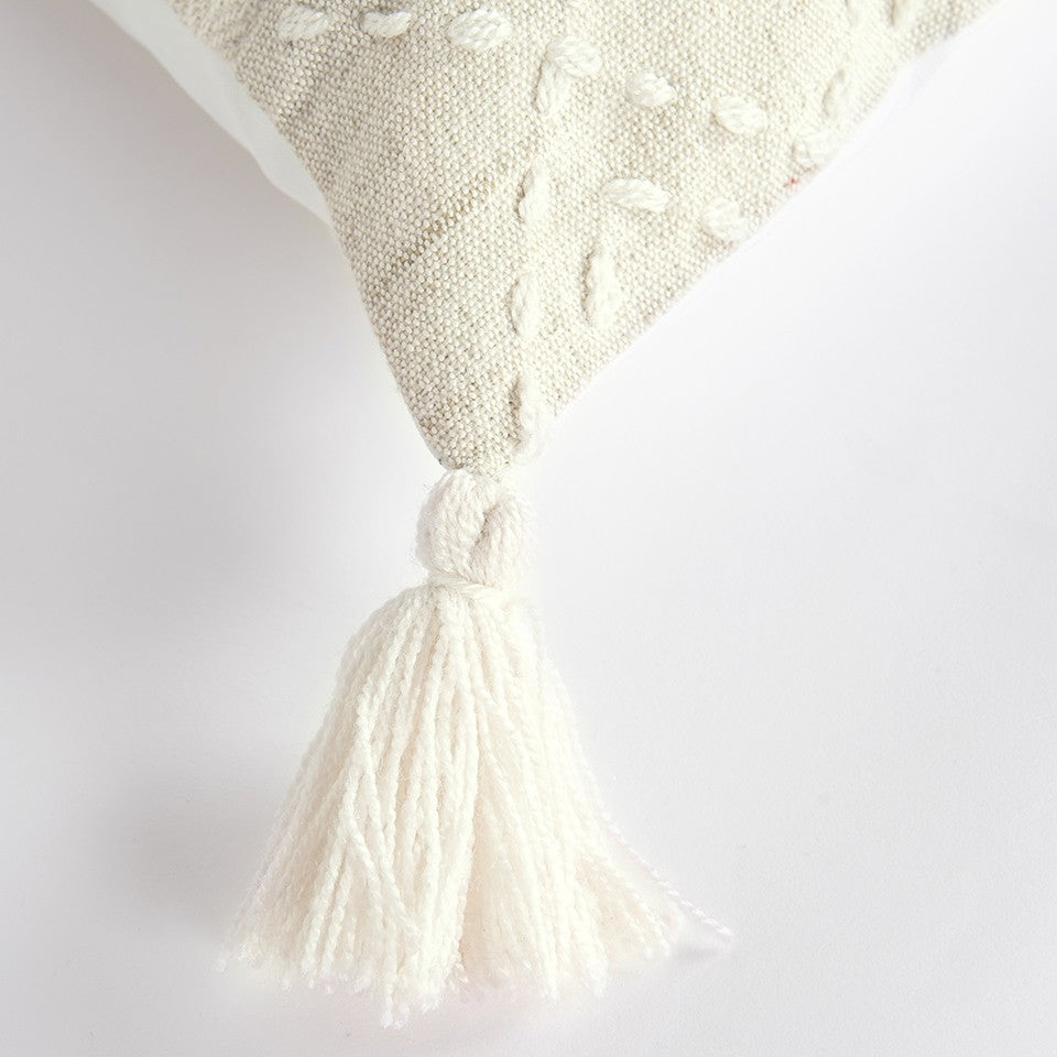 20" Ivory Herringbone Cotton Throw Pillow With Tassles