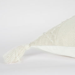 20" Ivory Herringbone Cotton Throw Pillow With Tassles