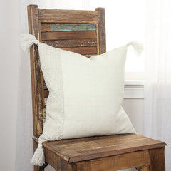 20" Ivory Herringbone Cotton Throw Pillow With Tassles