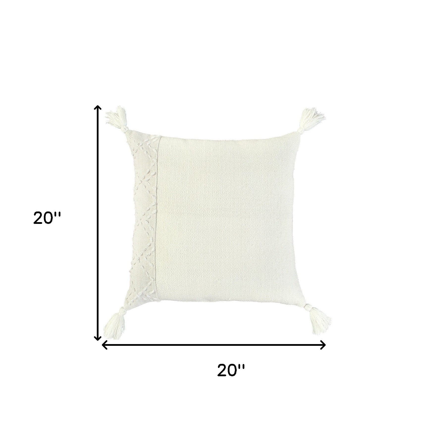 20" Ivory Herringbone Cotton Throw Pillow With Tassles