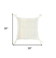 20" Ivory Herringbone Cotton Throw Pillow With Tassles