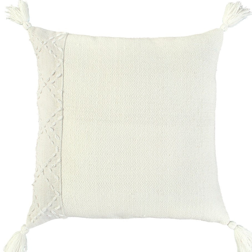 20" Ivory Herringbone Cotton Throw Pillow With Tassles