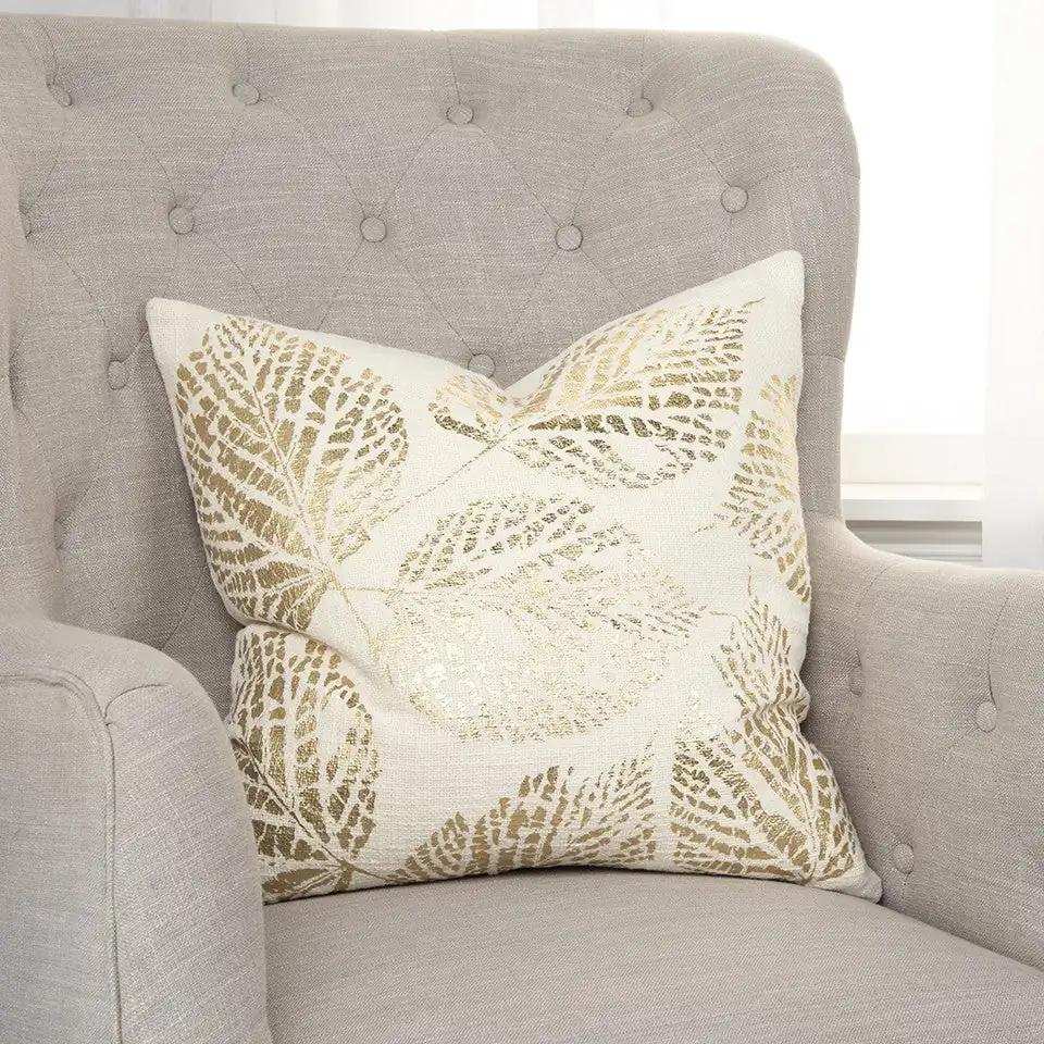 Ivory Gold Metallic Foil Leaf Pattern Throw Pillow - Homeroots - Flyclothing LLC