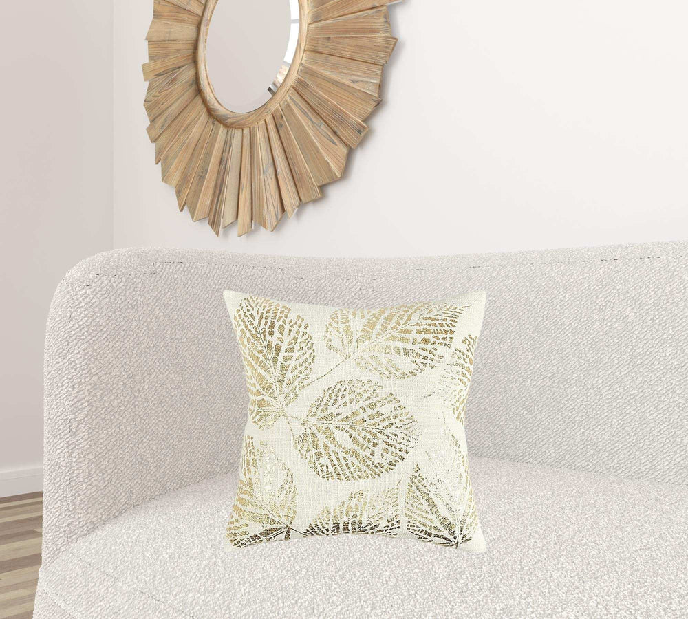 Ivory Gold Metallic Foil Leaf Pattern Throw Pillow - Homeroots - Flyclothing LLC