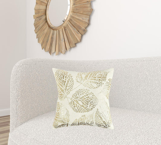 Ivory Gold Metallic Foil Leaf Pattern Throw Pillow - Homeroots
