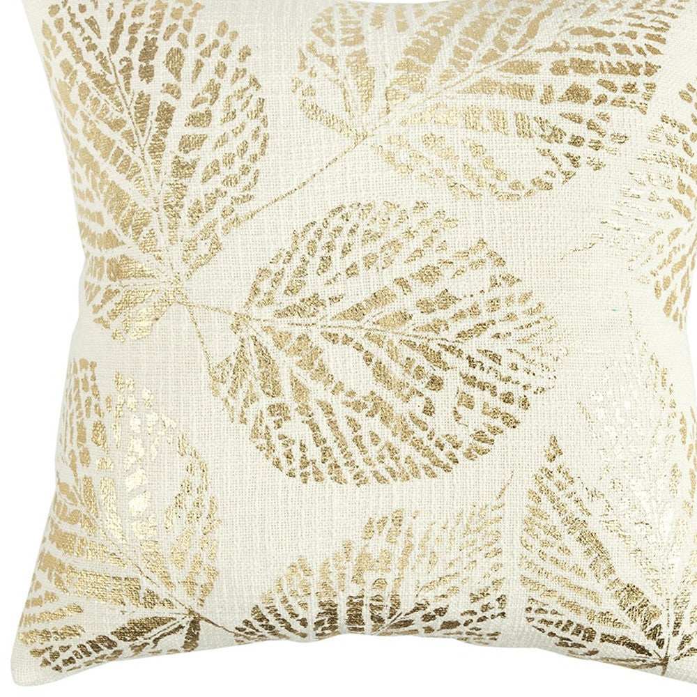 Ivory Gold Metallic Foil Leaf Pattern Throw Pillow - Homeroots - Flyclothing LLC