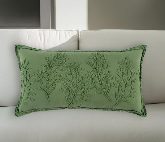 14" X 26" Green Tone on Tone Botanical Throw Pillow With Embroidery