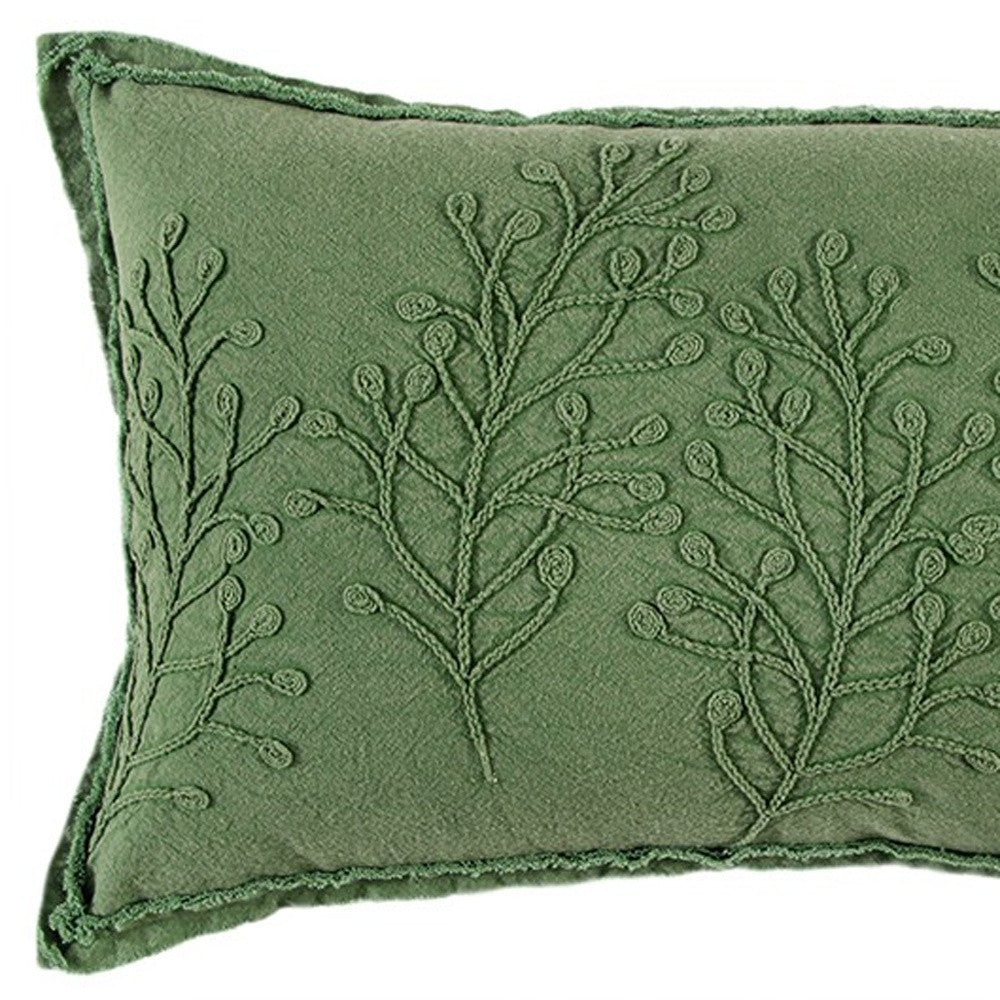 14" X 26" Green Tone on Tone Botanical Throw Pillow With Embroidery