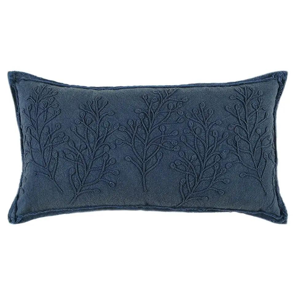 14" x 26" Navy Botanical Pattern Embroidered Lumbar Pillow - Homeroots - Flyclothing LLC