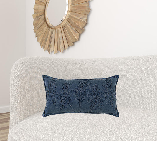 14" x 26" Navy Botanical Pattern Embroidered Lumbar Pillow