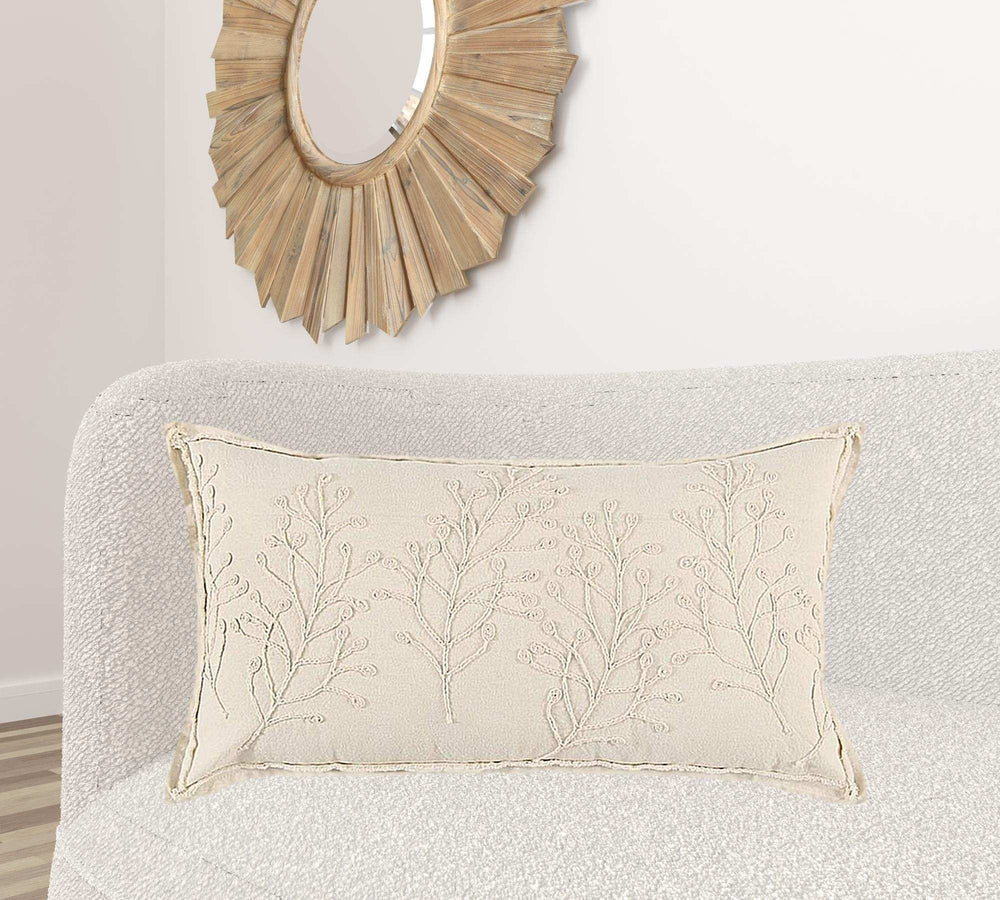 Beige Botanical Pattern Embroidered Lumbar Pillow - Homeroots - Flyclothing LLC