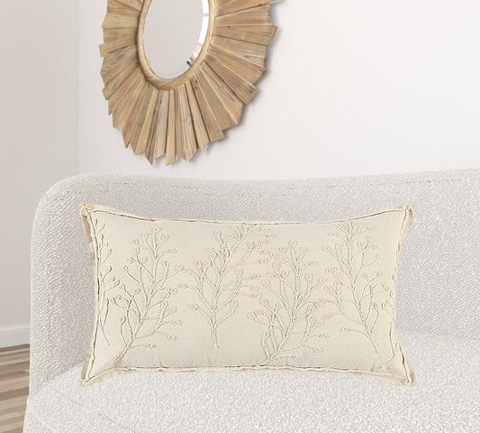 Beige Botanical Pattern Embroidered Lumbar Pillow - Homeroots