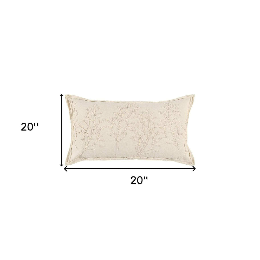 Beige Botanical Pattern Embroidered Lumbar Pillow - Homeroots - Flyclothing LLC
