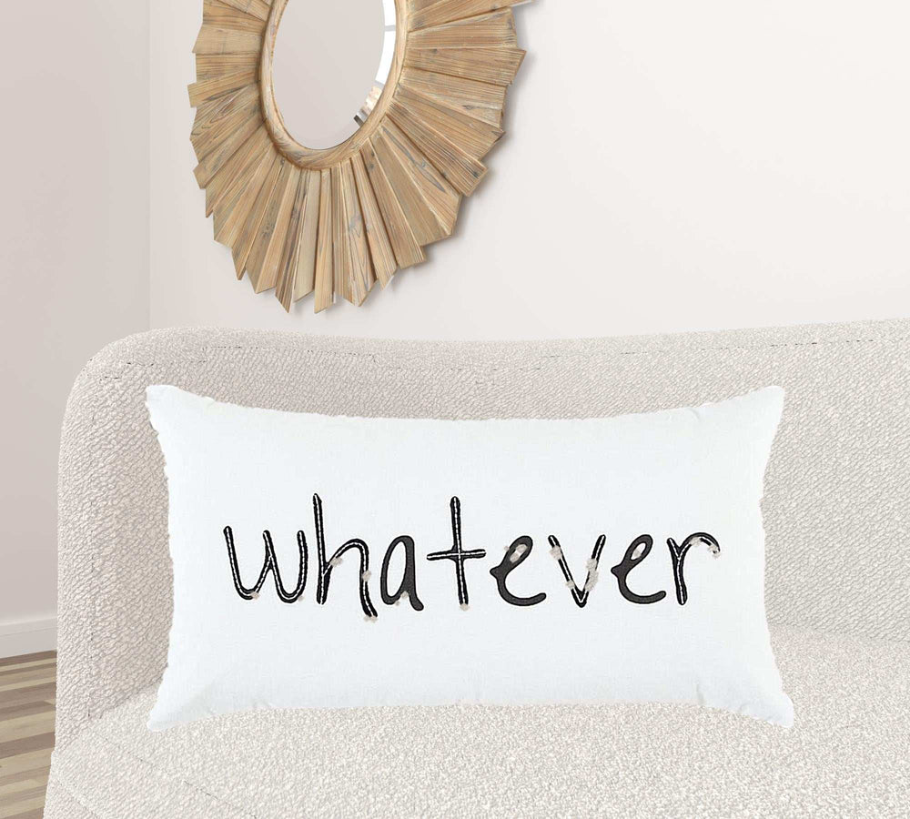 Black and White Whatever Embroidered Lumbar Pillow - Homeroots - Flyclothing LLC