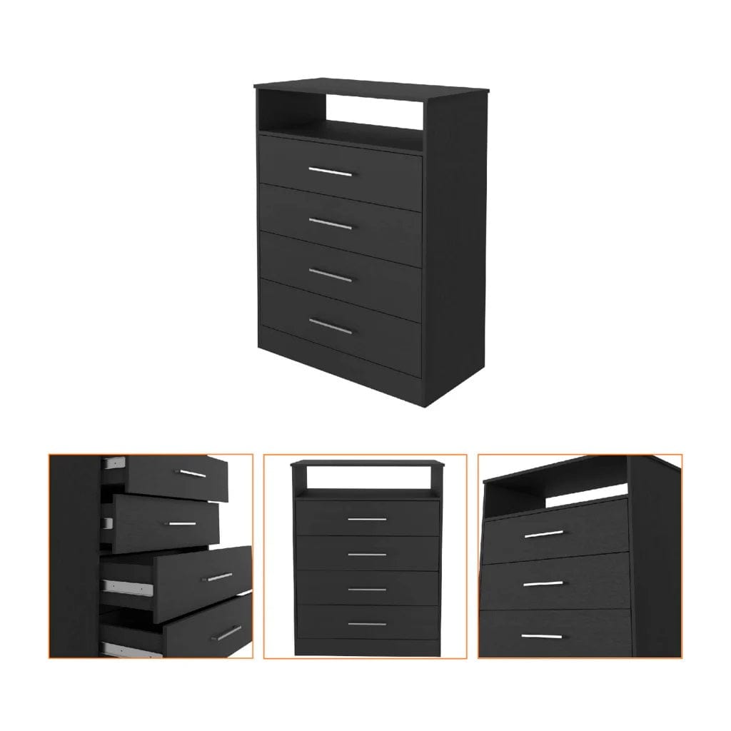 Modern Black Four Drawer Dresser with Hutch - Homeroots