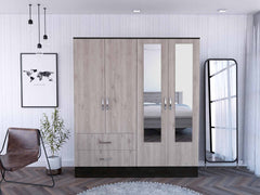 71" Light Oak and Black Four Door Wardrobe Closet with Mirrors - Homeroots