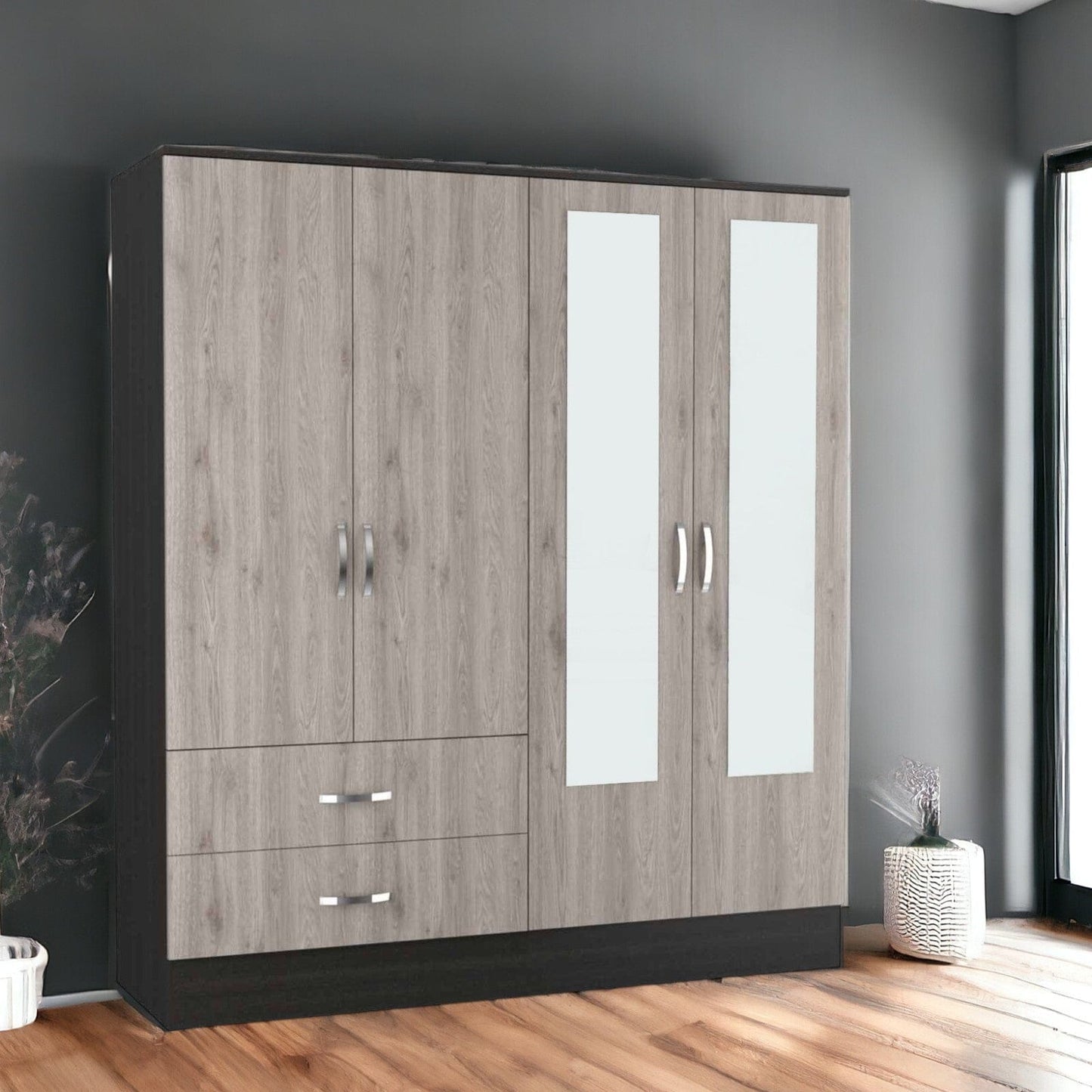 71" Light Oak and Black Four Door Wardrobe Closet with Mirrors - Homeroots - Flyclothing LLC