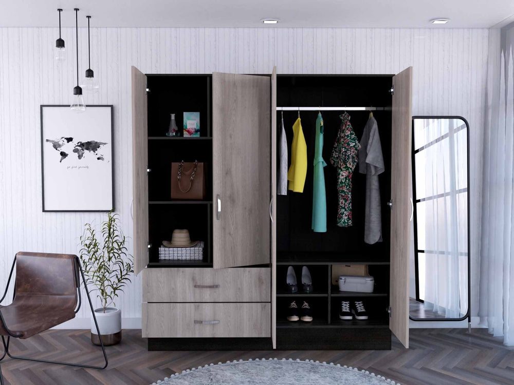 71" Light Oak and Black Four Door Wardrobe Closet with Mirrors - Homeroots - Flyclothing LLC
