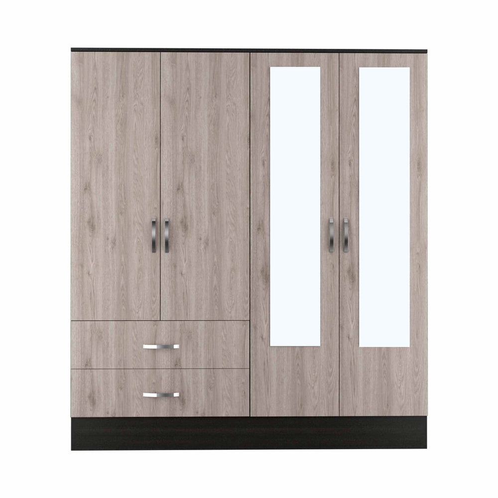 71" Light Oak and Black Four Door Wardrobe Closet with Mirrors - Homeroots - Flyclothing LLC