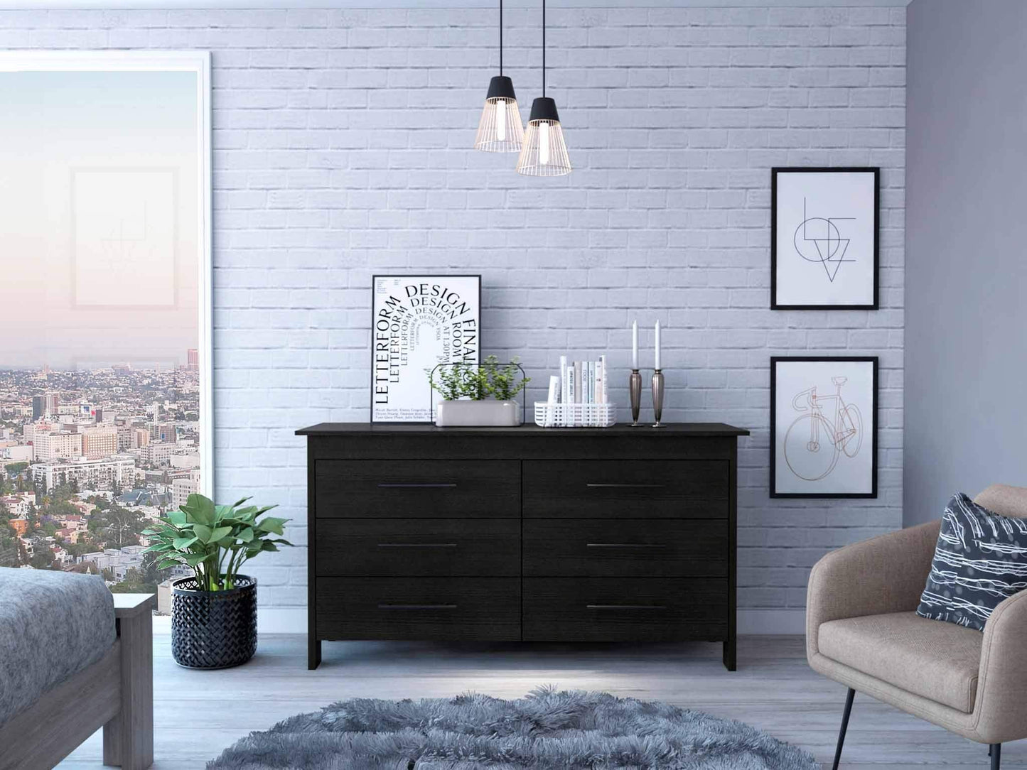 59" Black Six Drawer Double Dresser - Homeroots - Flyclothing LLC