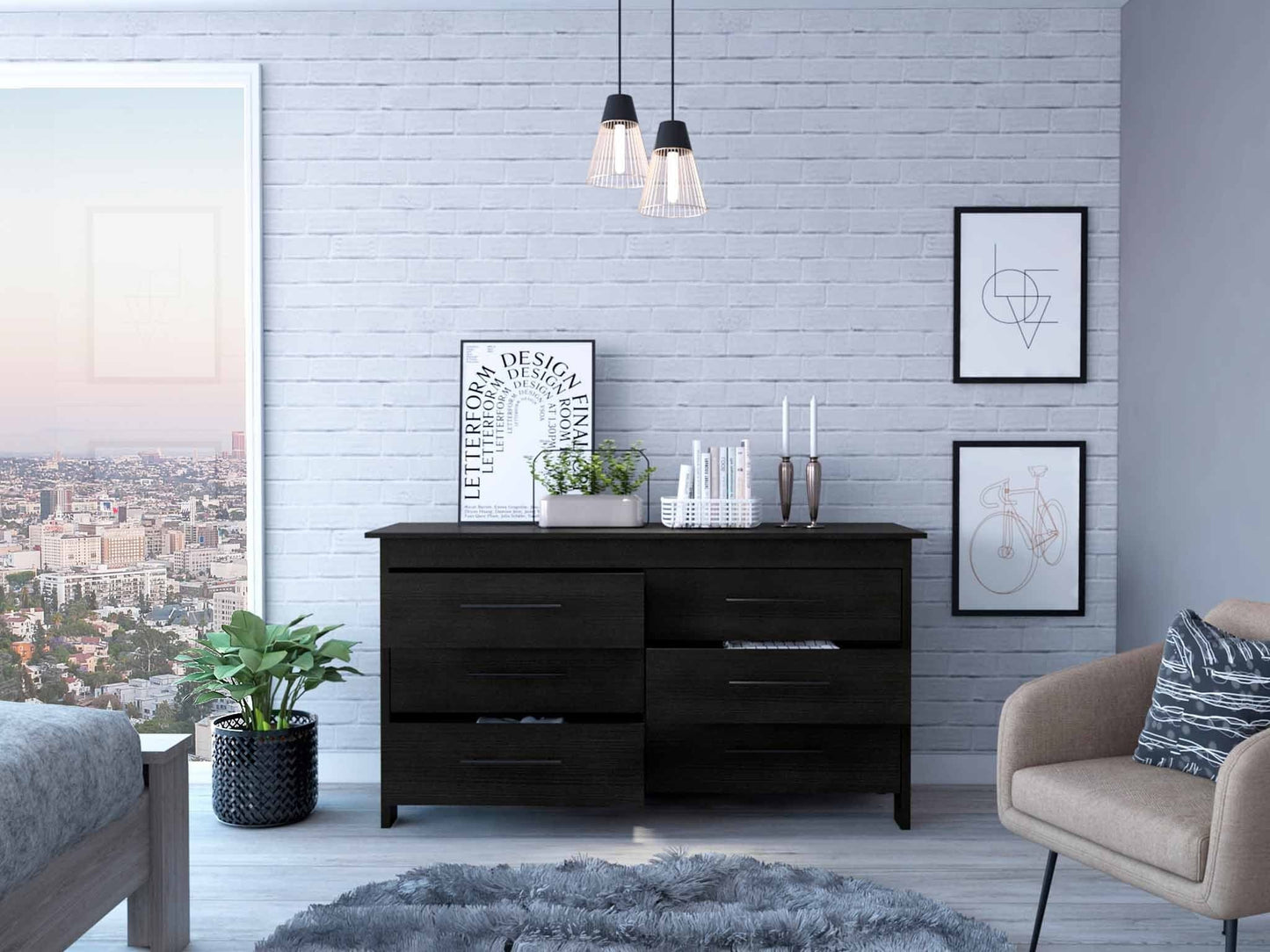59" Black Six Drawer Double Dresser - Homeroots - Flyclothing LLC