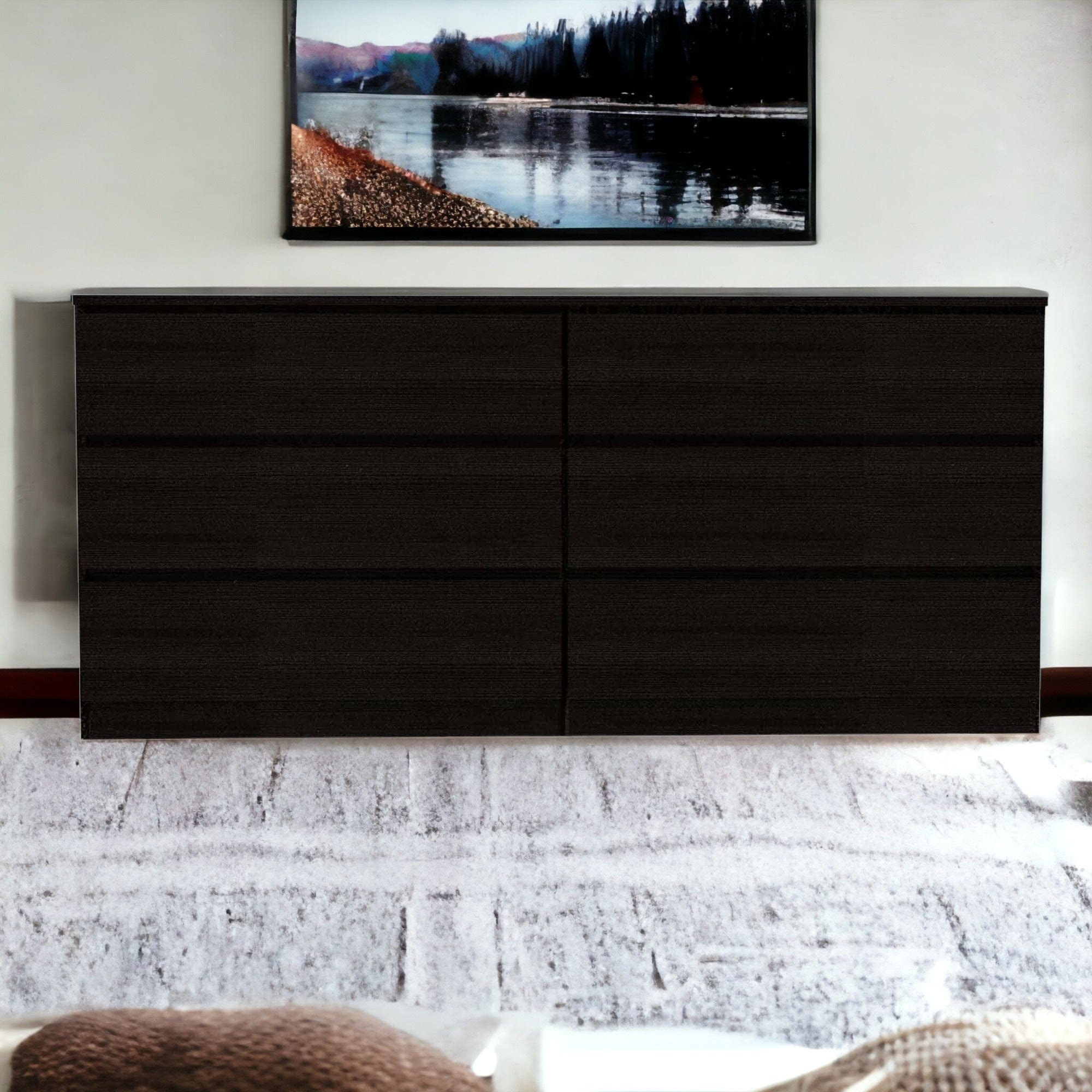 60" Black Six Drawer Double Dresser - Homeroots