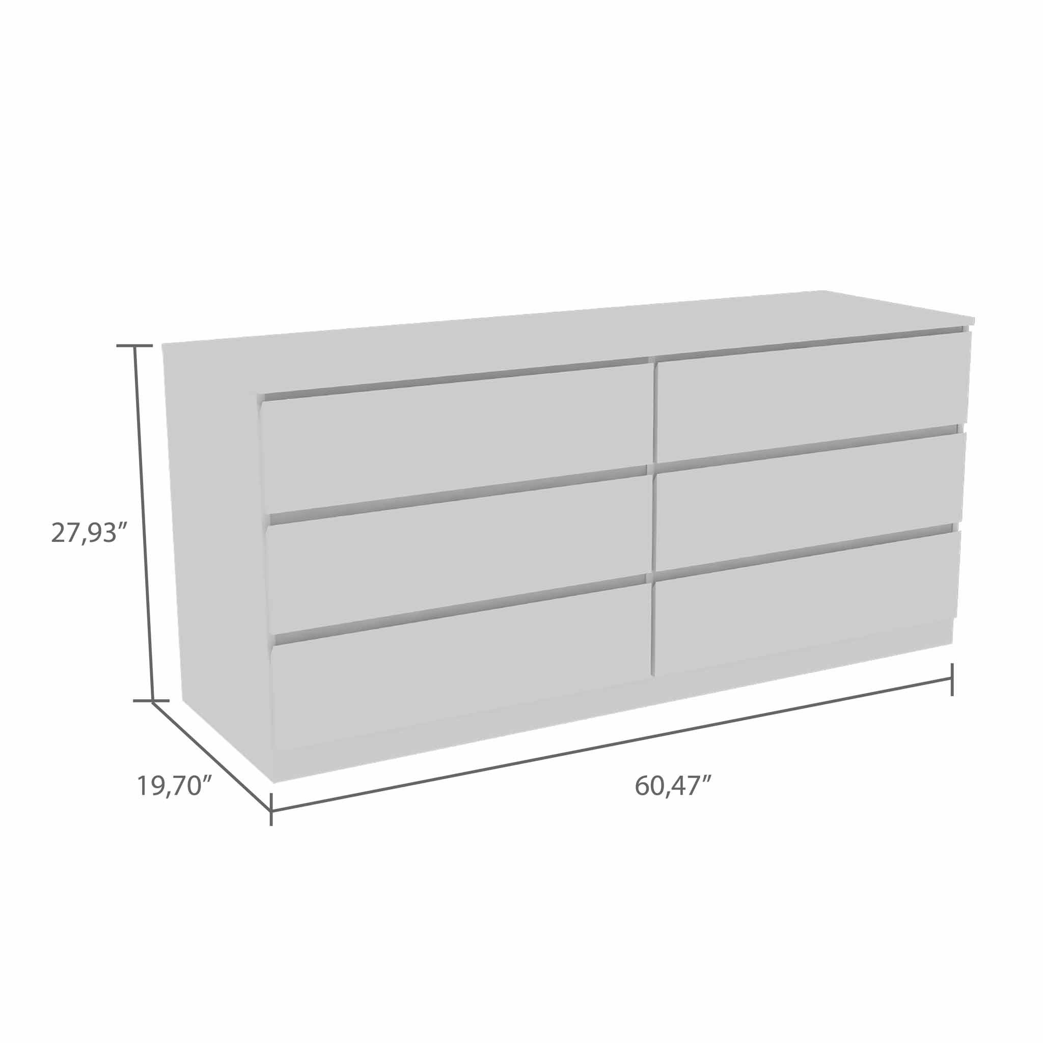 60" White Six Drawer Double Dresser - Homeroots