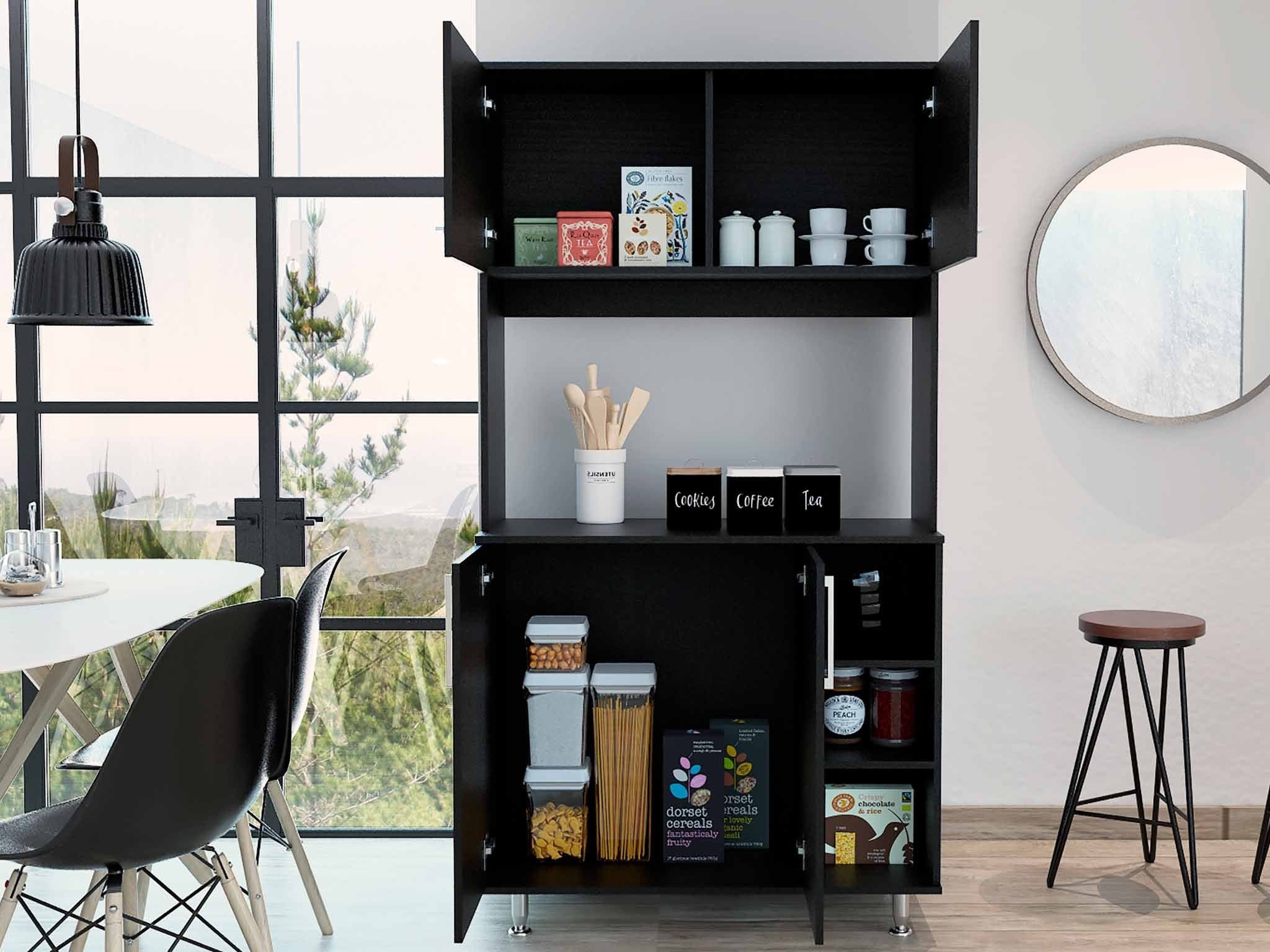 71" Modern Black Pantry Cabinet with Three Storage Shelves - Homeroots