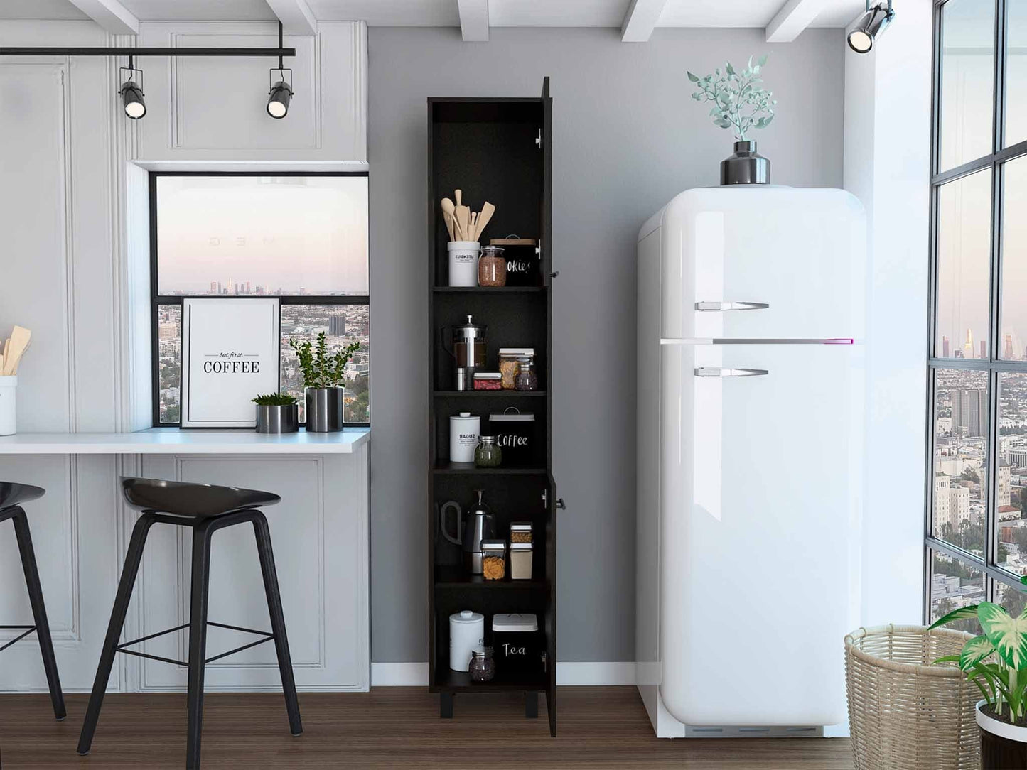 79" Modern Black Pantry Cabinet with Five Shelves - Homeroots - Flyclothing LLC