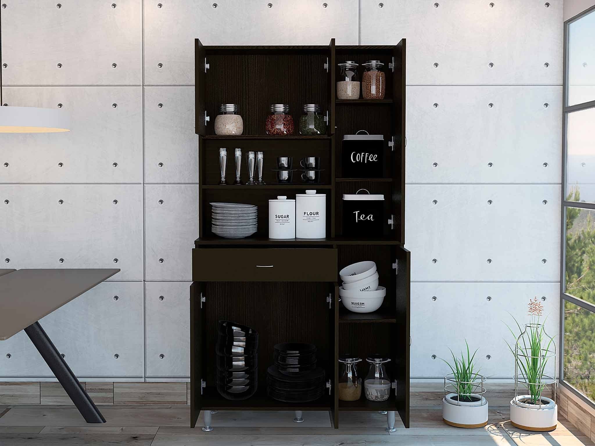 67" Modern Black Pantry Cabinet with Five Shelves - Homeroots