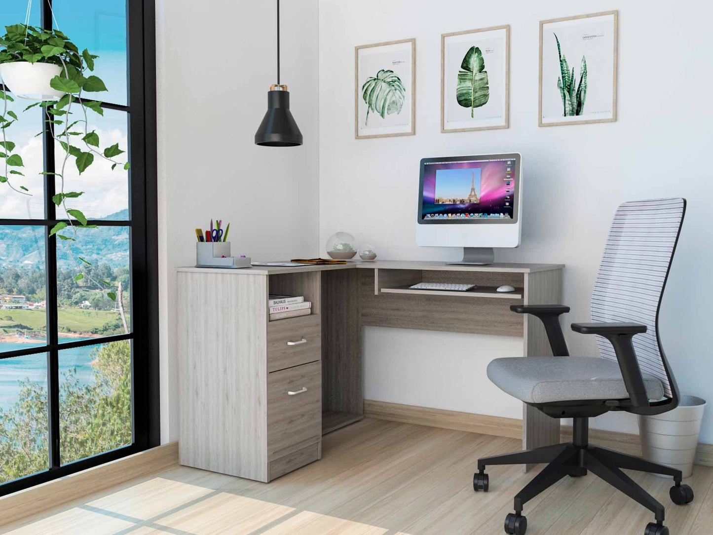 41" Light Gray L Shape Computer Desk With Two Drawers - Homeroots - Flyclothing LLC