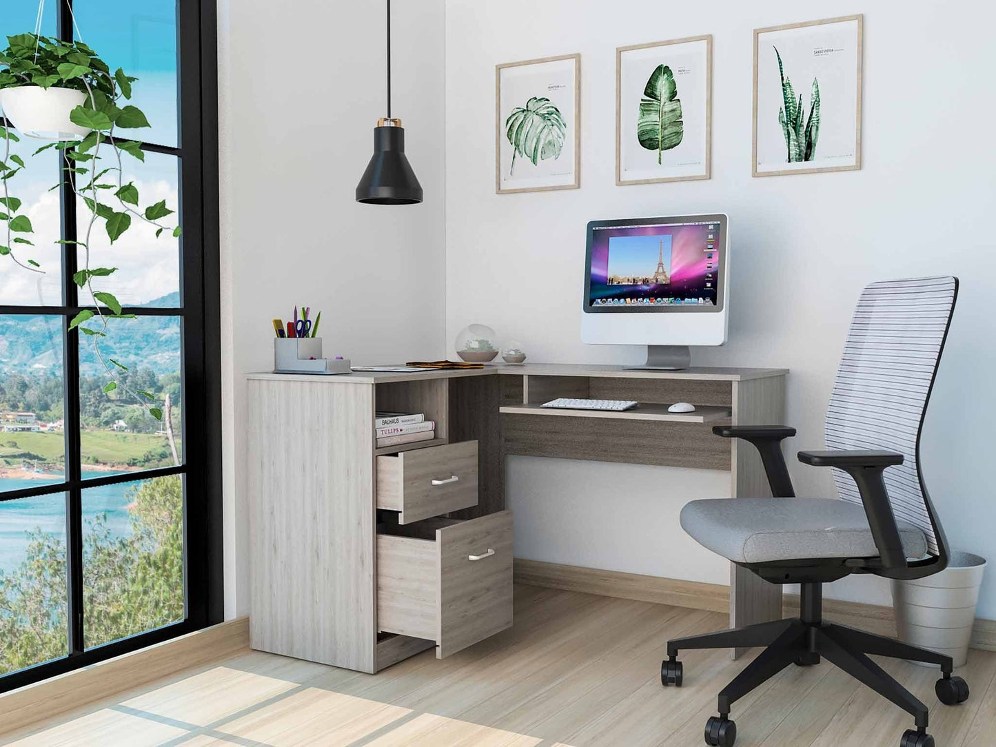 41" Light Gray L Shape Computer Desk With Two Drawers - Homeroots - Flyclothing LLC