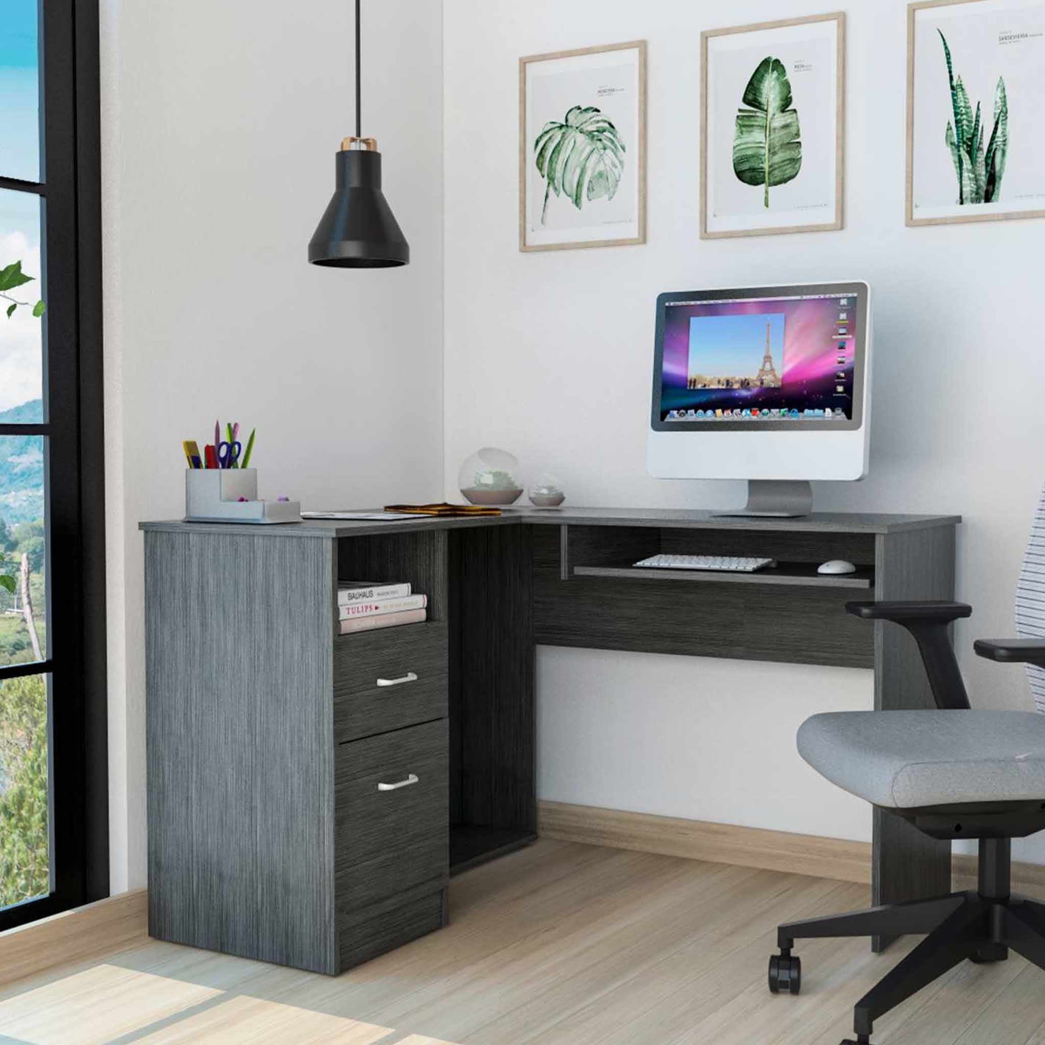 41" Gray L Shape Computer Desk With Two Drawers - Homeroots