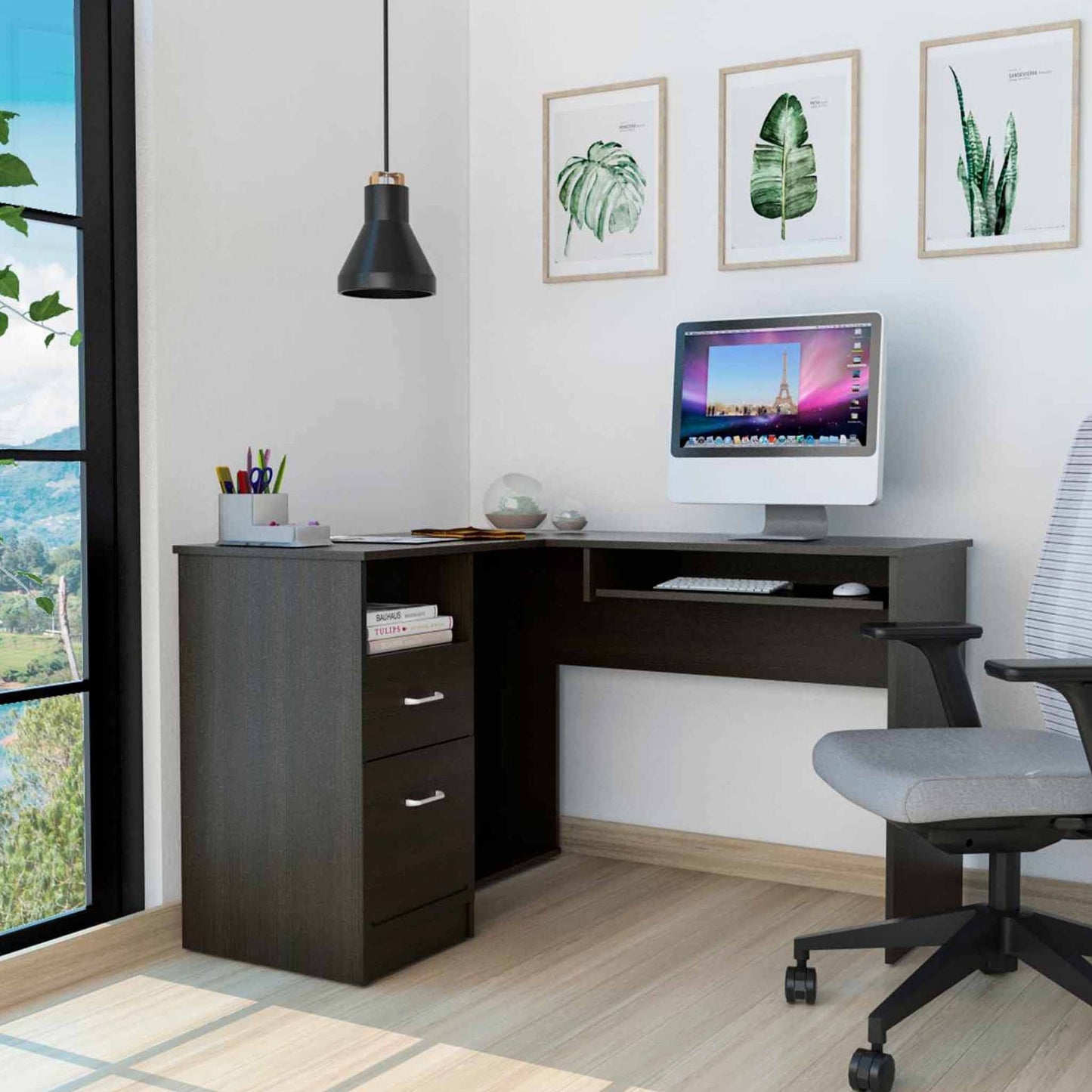 41" Black L Shape Computer Desk With Two Drawers - Homeroots - Flyclothing LLC