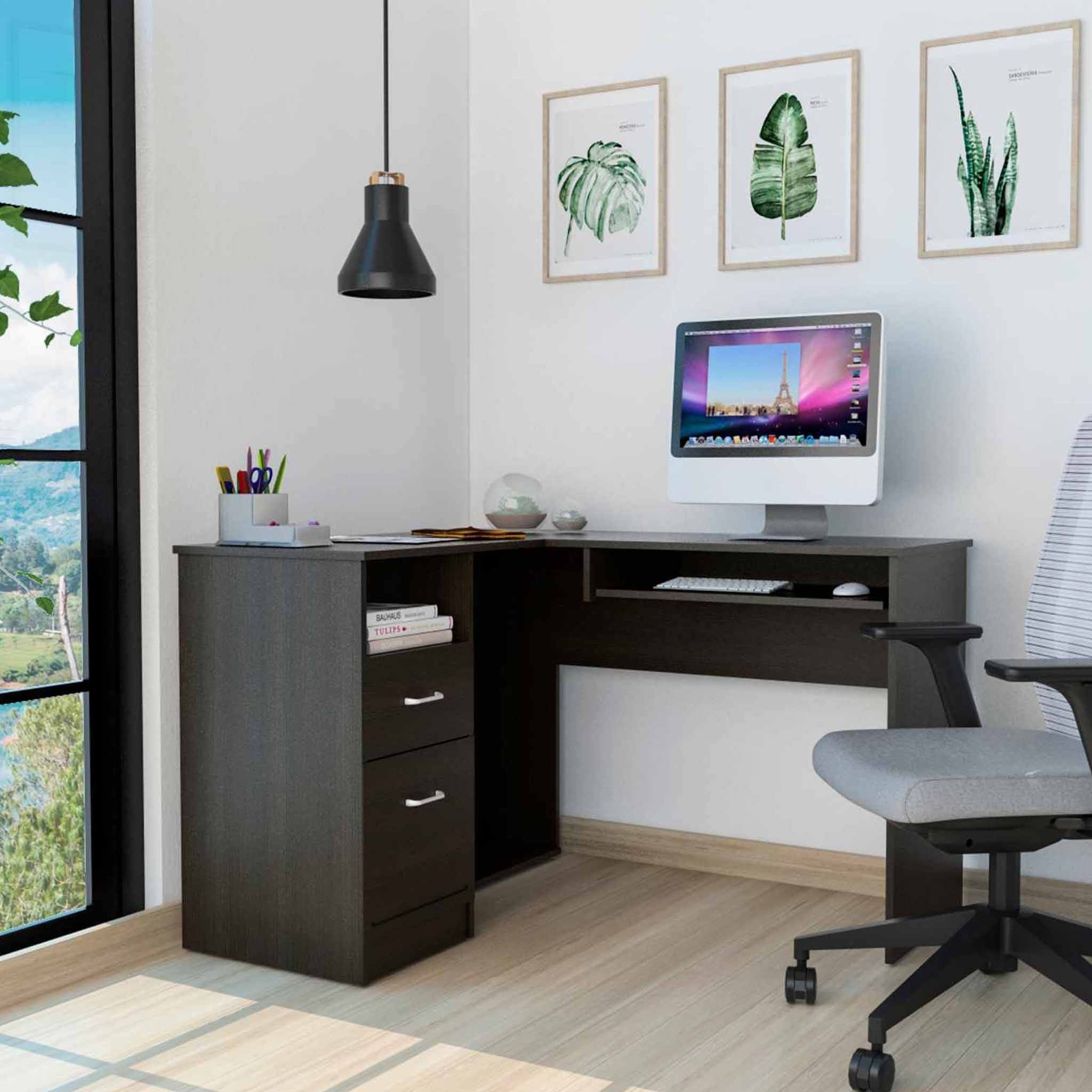 41" Black L Shape Computer Desk With Two Drawers - Homeroots - Flyclothing LLC