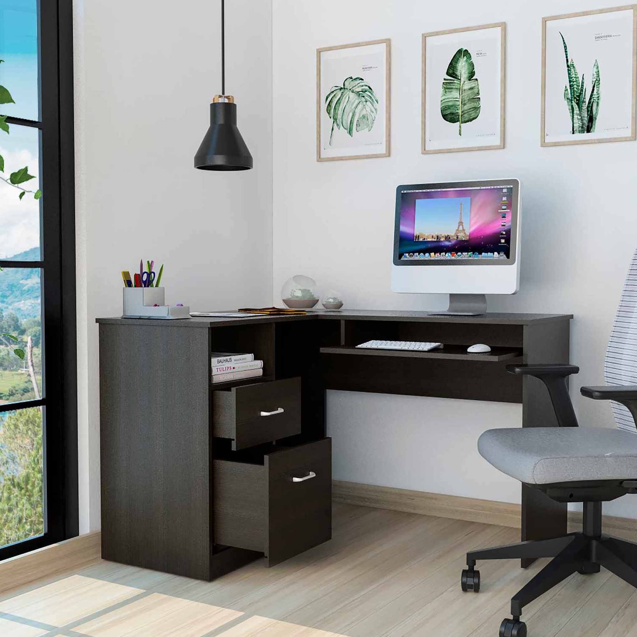 41" Black L Shape Computer Desk With Two Drawers - Homeroots