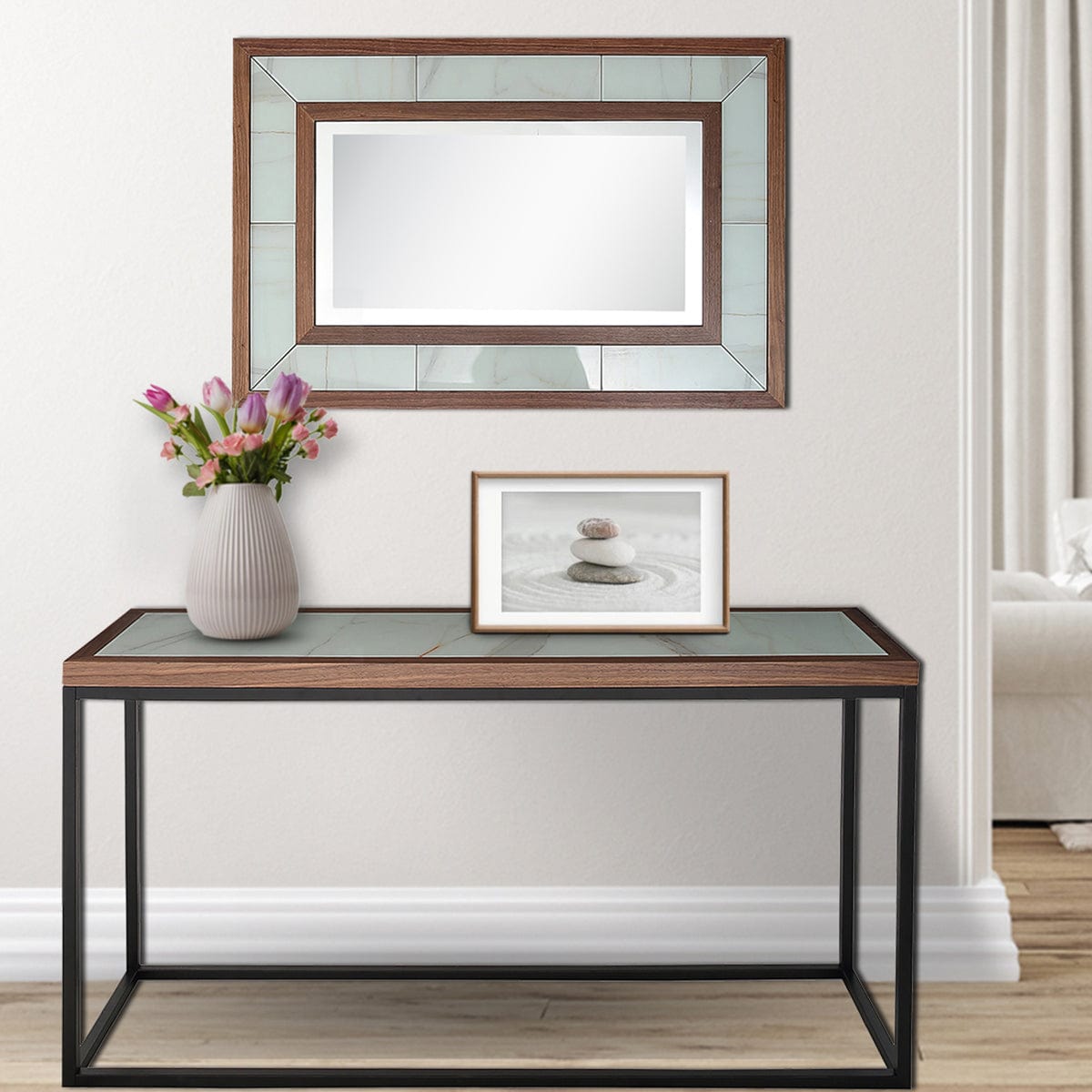 59" Brown White and Black Genuine Marble Frame Console Table - Homeroots